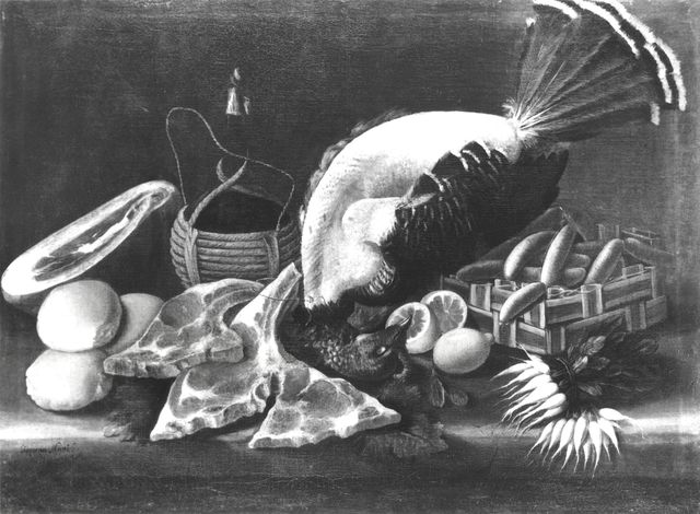 Studio Fotografico AS — Nani Giacomo - sec. XVIII - Natura morta con carne, tacchino, fiasco, pane, limoni, ravanelli e cesto di legumi — insieme